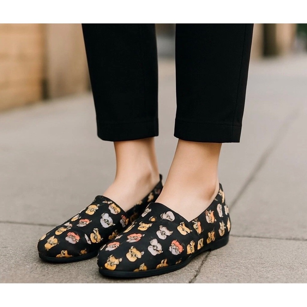 BOBS Skechers Womens Dog Print Memory Foam Slip On 9.5 Canvas Flats Black Multi